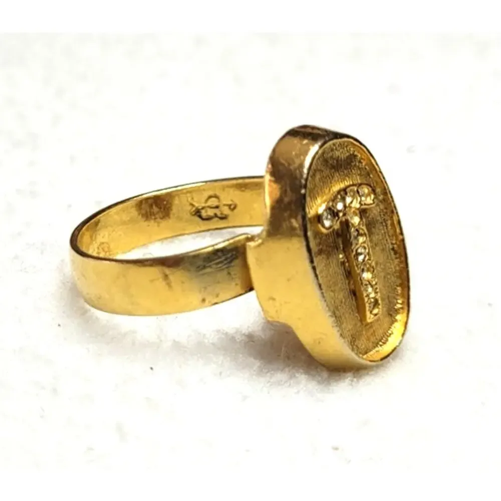 Vtg Uncas Initial T Rhinestone Signet Unisex Ring Size 8.5 Adjustable Goldtone